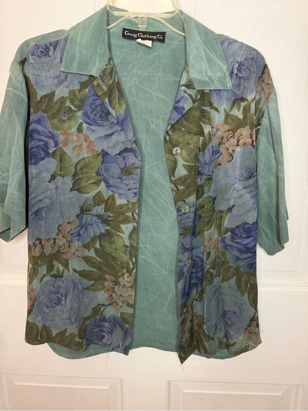 VTG Craig Clothing Co. Women's S Green Floral Satin Collared Button Blouse SS